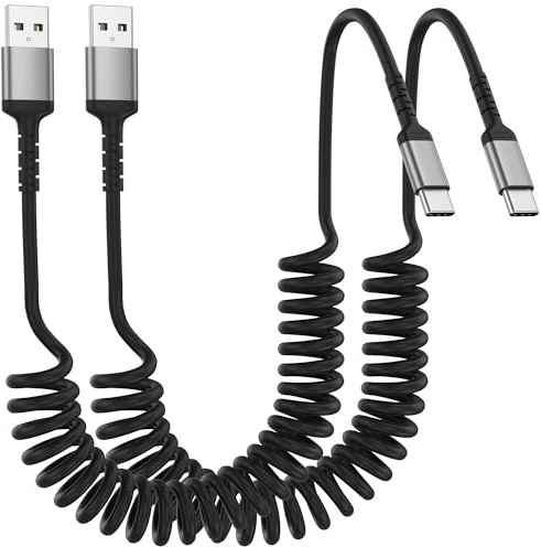 ADILIFT USB C Spiralkabel, [2Stück 0.3M-1M] USB A auf USB C Kabel Kurz, Ladekabel USB C Schnellladekabel für iPhone 16/15/Plus/ProMax, Galaxy S24 Ultra S23 FE S22 S21, Google Pixel, Xiaomi, Schwarz