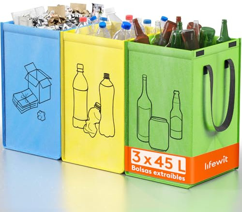 Lifewit Mülltrennsystem für Küche，Mülleimer 3 fächer für Papier, Glas und Plastik ，Recycling behälter, Altpapier sammelbehälter und Pfandflaschen sammelbehälter, 3 X 45L, Einfache Entleerung