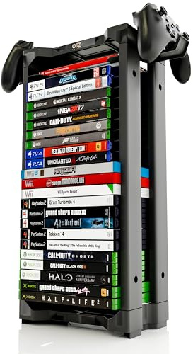 ADZ Universal Game Holder – 23 Ripiani per Archiviazione Giochi per PS2 PS3 PS4 PS5 PSP Xbox 360 Xbox One Series X Wii Switch Giochi DVD e Dischi Blu-Ray. Include 2 Supporti per Controller