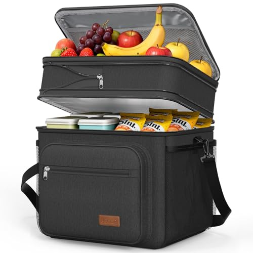 HOTOR Lunch Box for Men & Women - Double-Layer Insulated Lunch Bag with Leakproof Liner, Portable Cooler for Work, Travel, or Picnic, Black, 13.4 x 11.8 x 10.6