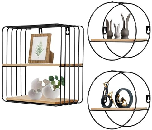Gucass Set di 3 Mensole da Parete in Metallo Nero, Scaffali da Muro in Ferro, Decorazione della Parete, Libreria Scaffale, per Camera da Letto, Bagno, Cucina, Quadrato + Cerchio