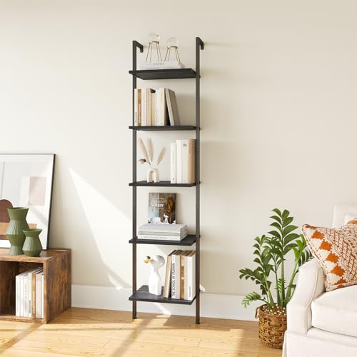 ELYKEN Scaffale a scala, libreria da parete in legno a 5 ripiani con struttura in metallo, organizer aperto vintage, ripiani per soggiorno, camera da letto, ufficio domestico, nero ETHBS01B1