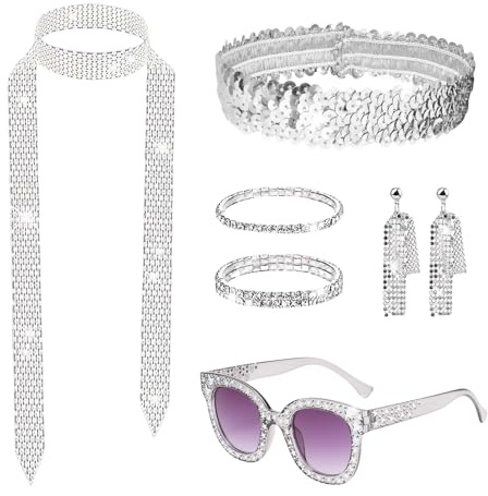 SAIIURV Set med 7 st discotillbehör, discokostym, set med paljetter, pannband, bling, solglasögon, lång halsduk, armband, ring, örhängen för flickor kvinnor 70-tal, 80-tal, fin utklädningsfest
