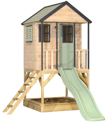 Wendi Toys M48PGN Lekhus med rutschkana – stylhus av FSC-trä för barn, trädgård, utomhus, piedesthöjd 90 cm, 280 × 197 × 242 cm, med 175 cm halkfri, sandlåda och stege, väderbeständig, pastellgrön