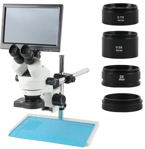Stereo Microscope 7X-45X Zoom Simul-Focal Trinocular with HDMI Camera and 10.1' LCD Monitor, Includes Auxiliary Objective Lenses 0.5X 2X 0.7X 1X
