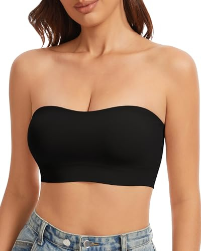 LEYSHE axelbandslös bh utan bygel vadderad sömlös bandeau bh dam utan axelband bra stöd push up strapless bh med transparenta axelband, svart, XL