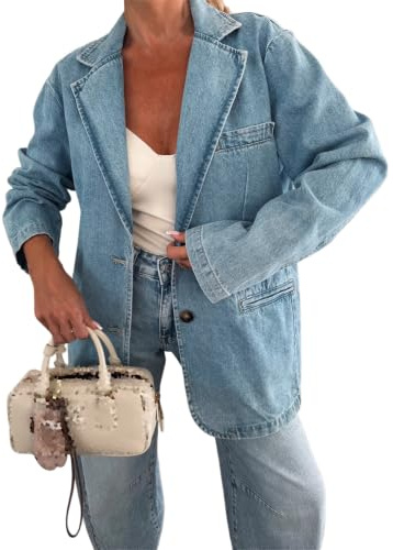 Generisk dam oversize jeansblazer med , knappslå och fickor, blå, M