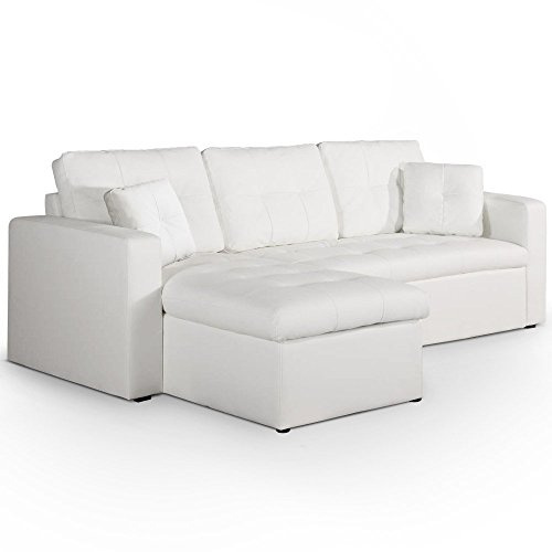 Menzzo Canapé d’Angle Convertible Toledo à Revêtement Simili Blanc – 5 Places avec Coffre de Rangement – Angle réversible – Salon Moderne