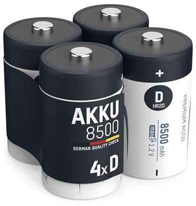ANSMANN Mono D Akkus Typ 8500 1,2 Volt (4 Stück) - Mono-D Batterien wiederaufladbar, mit äußerst geringer Selbstentladung / Einsatz in Garagentüröffner, Waage, Uhr, Digitalkamera