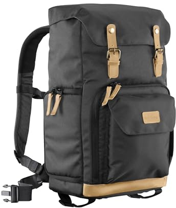 Mantona Mochila Retro Luis (con Aplicaciones de Cuero, Incluye Funda de Lluvia, Compartimentos Flexibles y Espacio para Laptop, Compatible con 1 Cámara DSLR, 3 Objetivos y Otros Accesorios), Negro