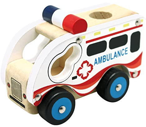 Bino Holzauto Ambulanz Holzspielzeug Krankenwagen Spielzeug für Kinder ab 12 Monate (Kinderspielzeug mit Hart-PVC-Reifen, fördert Hand-/Augen-Koordination, Maße: 17 x 12 x 9 cm), Mehrfarbig