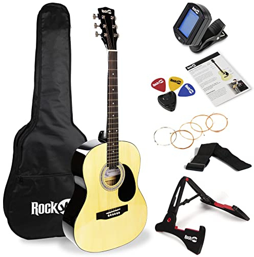 RockJam Full Size Acoustic Guitar Kit with Stand, Tuner & Bag, Natural