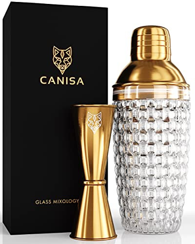 Canisa Premium Cocktail Shaker Set - Gold Cocktail Making Set with Glass Cocktail Shaker and Jigger, Cocktail Kit Presented in a Luxury Gift Box