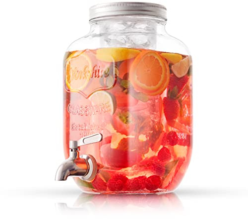 1-Gallon Drink Dispenser. Glass Beverage Dispenser with Stainless steel Spigot plus Ice Cylinder and Fruit Infuser! Water Dispenser, Lemonade Stand, Juice Container - Drink Dispensers for Parties