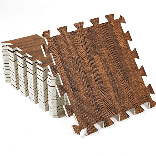 100 Pcs Wood Grain Floor Tiles Foam Mat with Border EVA Interlocking Mats Tile 3/8-Inch Thick Flooring Wood Puzzle Exercise Mats for Home Playroom Basement Apartment Dance(Brown,12 x 12 Inch)