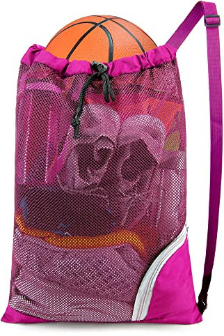 BeeGreen Mesh Drawstring Bag Swim Backpack for Beach Pool Sports Gym Draw String Cinch Bags for Swimming Soccer Basketball Gear Rose Red