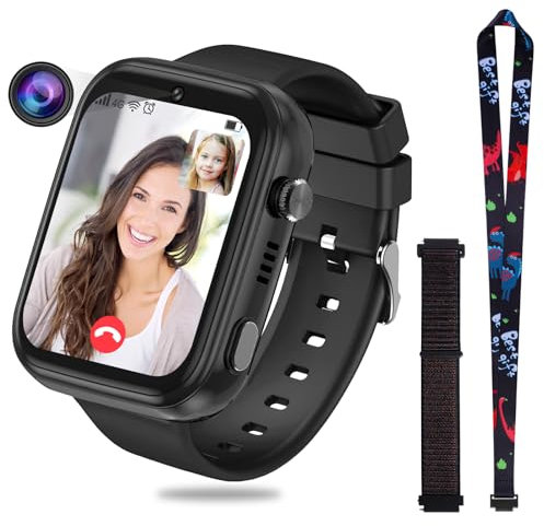OKYUK 4G smartklocka för barn, GPS-spårare, flera skrivbordsstilar att välja mellan, tvåvägssamtal, bildkompetens, SOS, Wi-Fi, vattentät pekskärm för 4-12 pojkar och flickor (T45 svart)