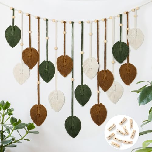 Betylifoy Macrame Appeso a Parete Macrame Foglie Arazzo Grande con Perline di Legno Boho Decorazione Macrame Decorazione per Camera da Letto Estetica Appartamento Decorazione della Parete (Cachi)