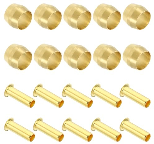 PATIKIL Brass Compression Sleeves Ferrules for 1/4 Inch OD Hose Tube, 20 Pack Brass Ferrule Brass Compression Insert Fitting Assortment Kit for Air Water Gas Pipe