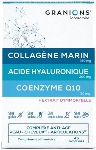 GRANIONS - Collagene Marin et Acide Hyaluronique + Coenzyme Q10 - Collagène Anti-Âge - Acide Hyaluronique - Beauté - Action Anti-Ride avec Collagene Marin - Fabriqué en France - 45 Comprimés