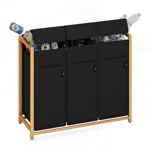 ADEL DREAM 150L 3 Fächer Pfandflaschen Bambusbehälter Behälter für leere Flaschen Aufbewahrungsbehälter Altglas Plastikflaschen Lagerraum Küchenabfallbehälter Flaschensammler Schwarz