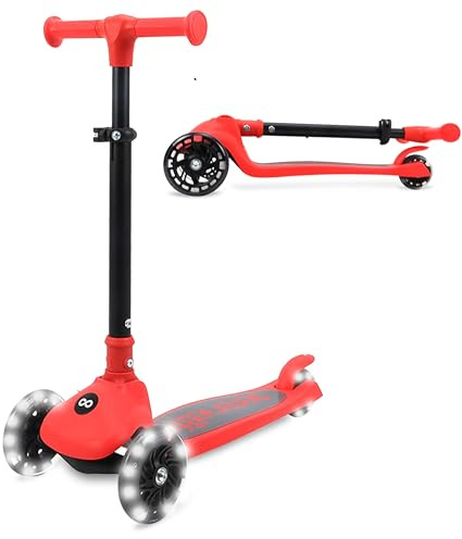 SereneLife Kinderroller ab 3 Jahre – LED Tretroller faltbar höhenverstellbar, leicht und stabil, für Jungen und Mädchen, Indoor und Outdoor, bis 50 kg, Rot