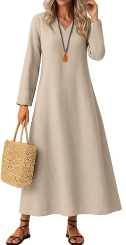 Générique Robe Portefeuille Femme Cache Coeur Femme Robe Longue Femme Coton et Lin Couleur Autumn Casual Boho Col en V à Volants A-Line Manches Longues Robes pour Femmes Automne Vacances Beige L