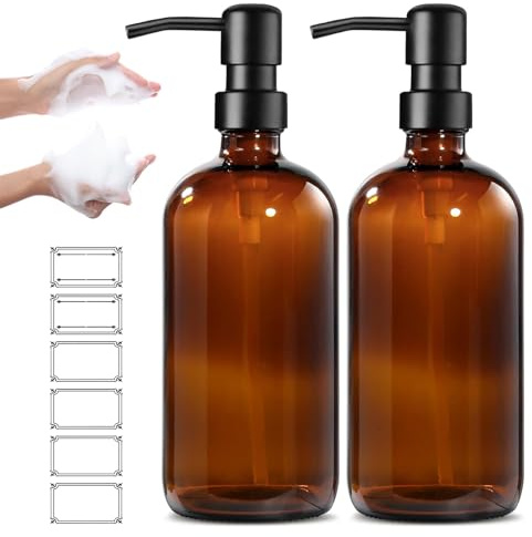Amber tvåldispenser glas, 500 ml tvåldispenser glas, 2 stycken tvåldispenser, påfyllningsbar glaspumpflaska, vintage bruna glasflaskor med pump och etiketter, för kök, badrum