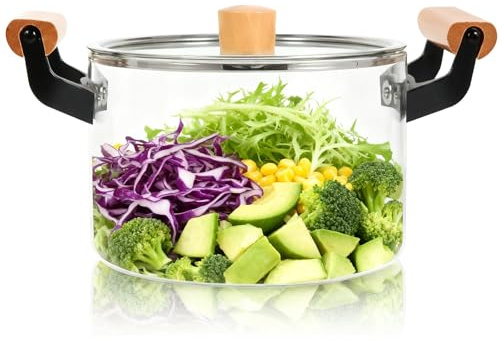 3L Simmer Pot Heat Resistant Glass Cooking Pot Clear Cook Pot Glass Saucepan Cookware with Cover and Wooden Handle for Stove for Potpourri, Noodle, Soup,Pasta, Milk,potatoes, vegetables