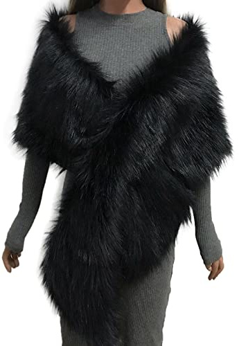 Caxndycing Estola de novia de pelo sintético para mujer, elegante, con lazo, chal de novia, invierno, cálido, para boda, vestido de noche, invierno, otoño, bufanda, Negro , Talla única