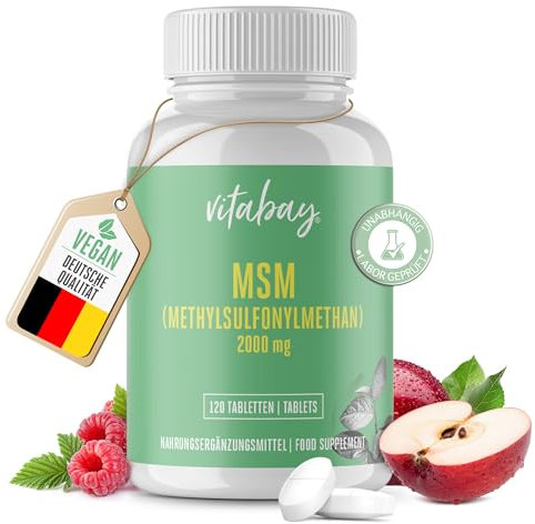 Vitabay MSM Tabletten Hochdosiert - 120 MSM Tabletten Hochdosiert Vegan - Pulver 2000 pro Tagesdosis - Schwefel Gelenkskapseln - Pflanzliche Kapseln 2000