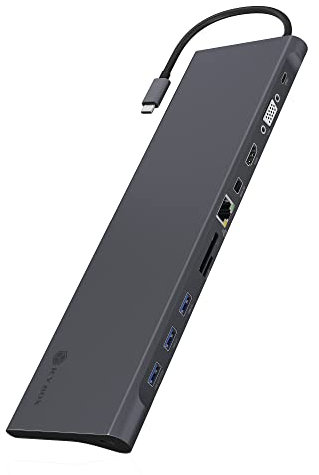 ICY BOX USB-C Docking Station (11-in-1) für 2 Monitore (1x HDMI, 1x MiniDP, 1x VGA), 4K 30Hz, 3-fach USB 3.0 HUB, 60W Power Delivery, Gigabit Ethernet, Kartenleser, IB-DK2102-C