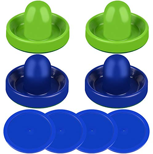 Air Hockey Pushers och Blue Air Hockey Pucks, målhandtag, paddlar ersättningstillbehör för spelbord (4 striker, 4 puck pack) (blå och grön)