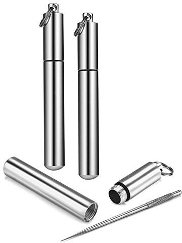 Lot de 2 cure-dents portables + 2 porte-cure-dents portables en métal - Cure-dents multifonction en titane - Étanche - Léger - Porte-cure-dents - Porte-clés - Pour l'extérieur, le camping et les