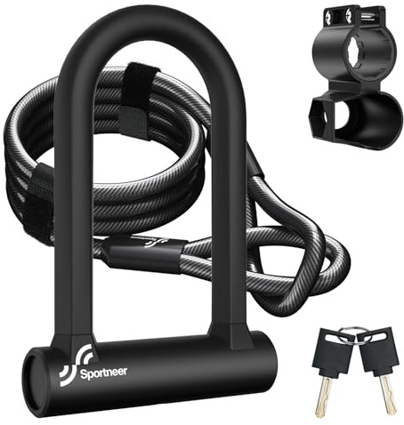 Sportneer Bike Lock: Heavy Duty Anti Theft Bike U Lock with 5ft Security Steel Cable - 17mm Shackle Bicycle U-Locks with 2 Keys & Mounting Bracket for Road Mountain Bike, Size 7.76''x5.02'', 1.64lb