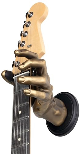 GUITARGRIP Hand Shaped Guitar Hanger for Electric, Bass, Banjo, Ukelele - Artisan Guitar Wall Mount - Durable Guitar Hooks for Wall Male Model, Gold Antique Finish, Left Grip