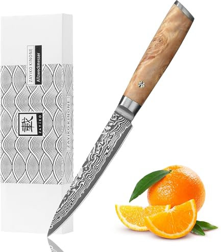 zayiko Kinone Allzweckmesser 12 cm | aus 67 Lagen Damaststahl mit VG10-Kern | mit ergonomischem Birkenwurzelholzgriff | für Gemüse, Obst & Fisch | in Geschenkbox für Hobby- & Profiköche
