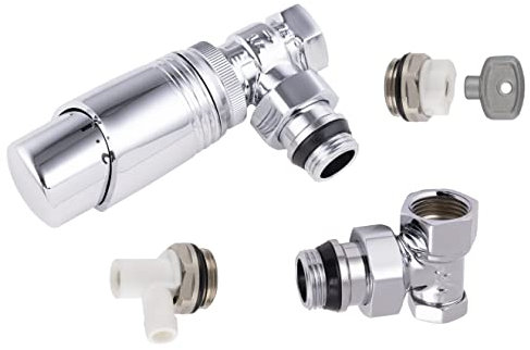 Kit raccordement radiateur chromé 15x21 (1/2) robinet equerre + coude de réglage + robinet de vidange eau + bouchon purgeur air + tête thermostatique filetage standard M30x150 NOYON & THIEBAULT