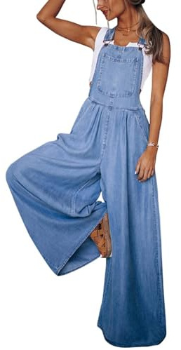 chouyatou Women's Loose Adjustable Strap Wide Leg Denim Bib Overalls Baggy Distressed Jean Overalls Pants (X-Large, Blue)