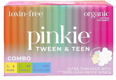 Pinkie Period Starter Pads - Designed for Smaller Underwear - Organic Cotton Topsheet Tween & Teen Pads with Wings - Chlorine Free & Fragrance Free - Teen Combo Pack, 18 Count