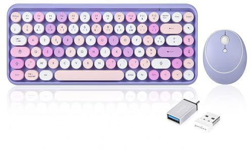 Perixx PERIDUO-713 Ensemble Mini Clavier et Souris sans Fil 2.4 GHz, Touches de Style Rétro Arrondies, Violette, AZERTY