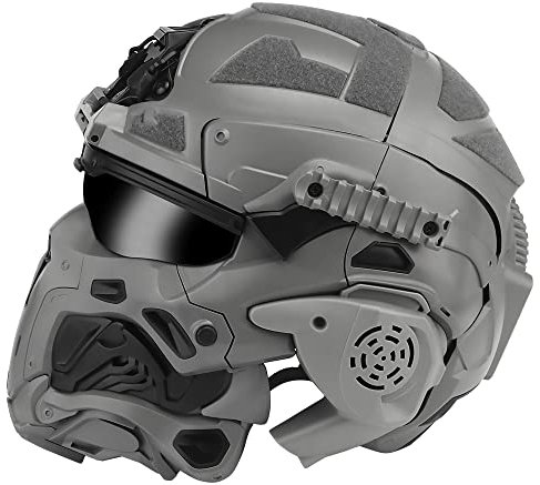 AQ zxdc Casco Protector Táctico de Cara Completa, con Máscara, Auriculares, Gafas, Ventilador de Niebla, para Airsoft Paintball,Gris