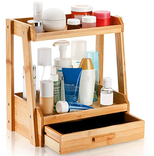 Lyellfe 2 Tier Bamboo Makeup Organizer, Bathroom Counter Organizer with Drawer, Multi-purpose Cosmetic Perfume Display Stand Book Shelf for Skincare, Lipstick, Jewelry, Brush, Easy Assembly