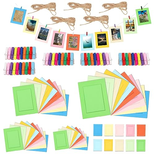 Swpeet 105Pcs Colorful Paper Photo Frames Set, Hanging Photo Display Frames, Includes 3Inch/4Inch/5Inch/6Inch/7Inch Hanging Album Frame Each for 10Pcs, 50Pcs Colorful Clips and 5Pcs 78 Strings