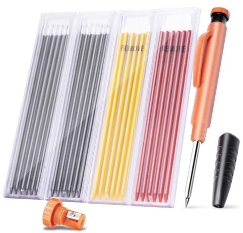 BillyBath Juego de Rotuladores de Agujeros Profundos, con 25 Minas, Sacapuntas, Mango de Escritura, Lápiz de Carpintero Resistente, Marcador para Agujeros Perforados, Portaminas, Madera, Metal