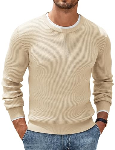 COOFANDY Pull Homme Col Rond Tricoté Basique Manches Longues Style Élégant et Confortable Maille Fine Côtelée Regular Fit Beige L