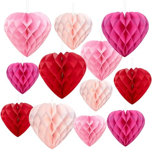 PheiLa 12pcs Heart Shaped Honeycomb Balls - Paper Party Decorations - Valentine's Day, Wedding, Birthday - Red, Rose Pink, Pale Peach