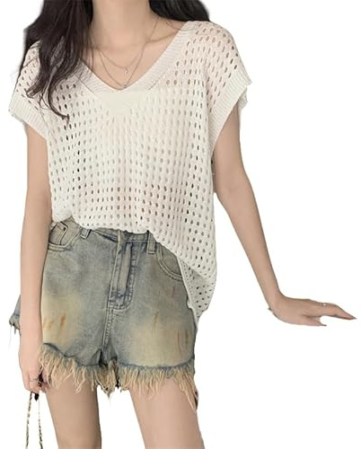 RWGSNB Gilet Donna, Top all'Uncinetto Donna Maglia Rete Traforata e Trasparente Maniche Corte Leggero Casual Estivo Copricostume Spiaggia per L'Uso Quotidiano Bianco Taglia M