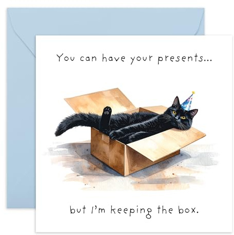 Funny Birthday Card – Black Cat in a Box with Party Hat – Gifts for Him, Her, Mum, Dad, Brother, Sister, Son, Daughter, Cat Lovers, Cute Jokes – Comes with Stickers