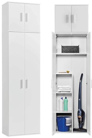 mokebo Mehrzweckschrank Besenschrank (230x60 cm) 'Der Extralange' Made in Germany aus Holz extra hoch mit 4 Türen auch als Vorratsschrank Putzschrank Flurschrank Weiß